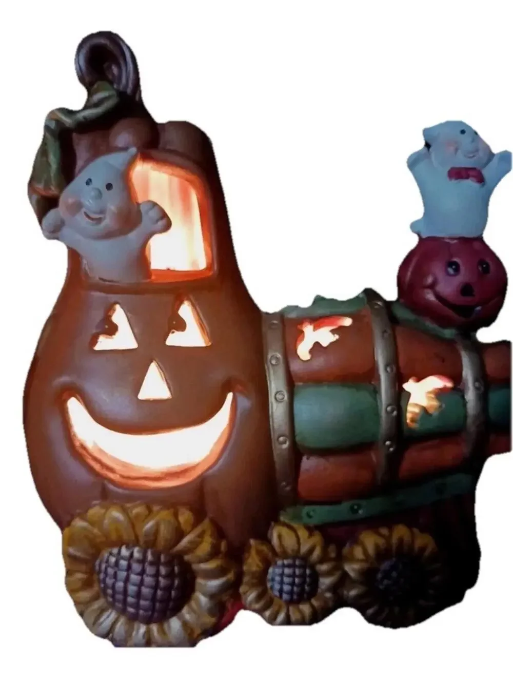 Light Up Halloween Pumpkin Train Décor Set with Ghosts and Black Cat